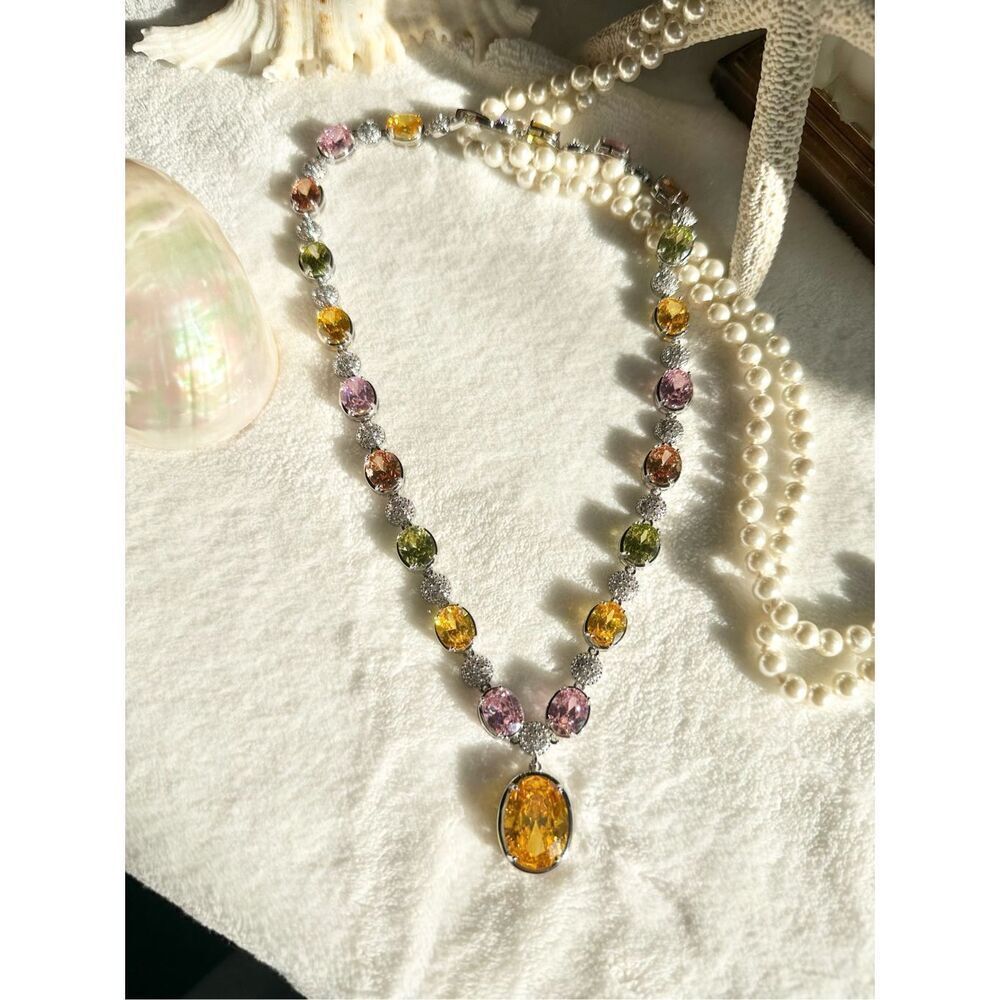 Gorgeous oval canary and multicolor cubic zirconia statement necklace  - Picture 10 of 12